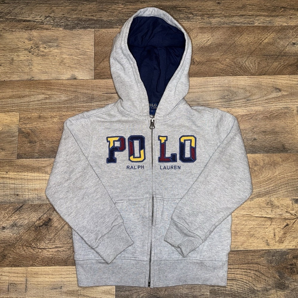 Polo Ralph Lauren Embroidered Logo Kids Youth‎ Full Zip Hoodie Gray Size 4